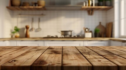 Poster - Generative AI : Wood table top on blurred kitchen background. can be used mock up for montage products display or design layout