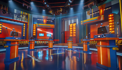 Game Show Set: An elaborate game show set with podiums, buzzers, and a large audience area, ready for contestants to compete