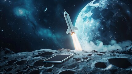 Aufkleber - Generative AI : Futuristic Conceptual Photo. Startup Concept. Rocket Take-off and Released from Digital Tablet 