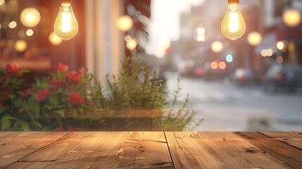 Poster - Generative AI : Wooden table top on blurred shop window of cafe with light bulb. Background for product display montage