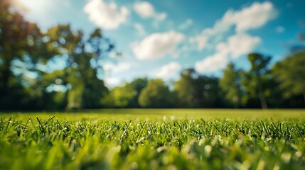 Aufkleber - Generative AI : Beautiful blurred background image of spring nature with a neatly trimmed lawn surrounded