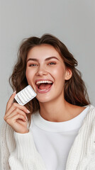 Poster - Medicine Blister Pack Revealed by Enthusiastic Young Woman in Beauty Portrait on White Background