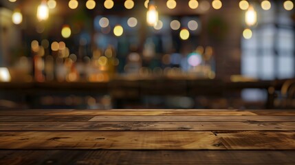 Poster - Generative AI : empty wooden table on blurred light gold bokeh of cafe restaurant on dark background