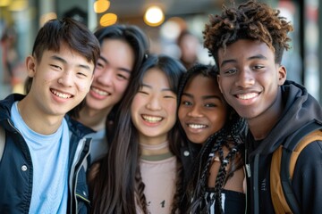 Wall Mural - Happy group of young friends posing for a photo in front of a stylish urban building