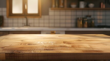 Poster - Generative AI : Wood table top on blurred kitchen background. can be used mock up for montage products display or design layout