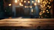 Generative AI : empty wooden table on blurred light gold bokeh of cafe restaurant on dark background