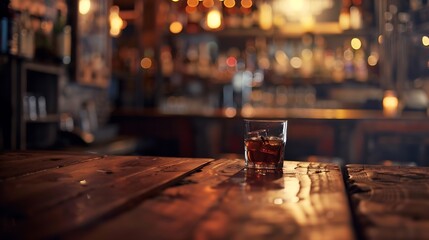 Poster - Generative AI : Liquor bar background in softfocus with woonden table