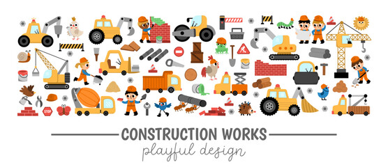 Wall Mural - Vector construction site horizontal border set with kid builders, transport, tractor, crane, animals. Building works card template design for banners, invitations. Cute repair service illustration.