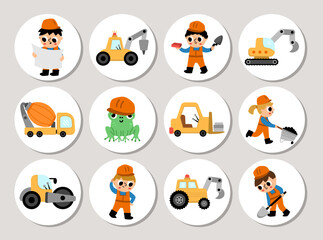 Wall Mural - Cute construction site and road work round cards set with funny kid builders, transport, concrete mixer, tractor, animals. Vector building works highlight icons. Repair service design for tags.