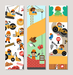 Wall Mural - Cute construction site and road work vertical cards set with funny kid builders, transport, bulldozer, tractor, animals. Vector building works vertical print templates. Repair service bookmark design.