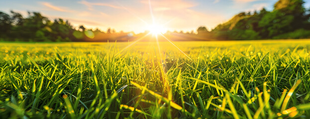 Wall Mural - Beautiful green grass field with the sun shining in the background.