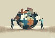 Business cooperation concept two professionals holding puzzle pieces in front of a globe with world map