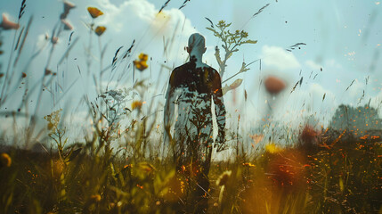 Wall Mural - transparent man in the meadow phot