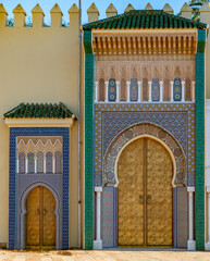 Unless you have a special invitation to the palace grounds, you'll have to settle for admiring its seven imposing front gates, surrounded by fine tilework and carved cedar wood. Golden door in Fes.