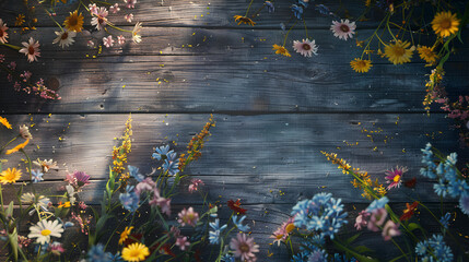 Wall Mural - Wildflowers on a wooden plank countertop.