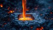 Dark and moody image of molten metal pouring into a mold, steam rising, industrial feel