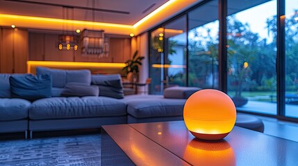 Smart home devices controlling lights and temperature, modern interior design