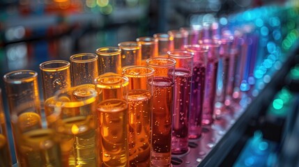 Wall Mural - Vibrant photo of colorful glass tubes in a laboratory, scientific equipment, multiple shapes and sizes