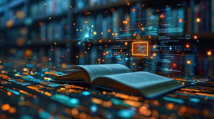 Virtual learning concept with digital screens and educational icons, online education theme