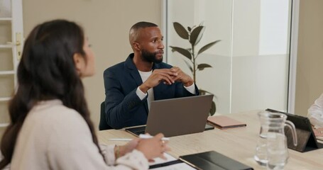 Leinwandbilder - Collaboration, laptop and training with business people in boardroom of office for planning together. Diversity, meeting or development with man and woman employee group in workplace for discussion