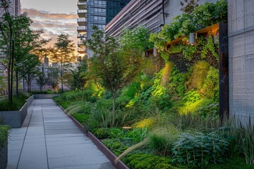 Wall Mural - A city street lined with tall buildings and an abundance of plants like green roofs, living walls, and vertical gardens integrated into the architecture