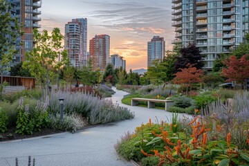 Wall Mural - A vibrant city park with numerous green plants and tall trees, set against a backdrop of highrise buildings