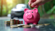 Saving Money For A Car - Hand Putting Coin Into Pink Piggy Bank.