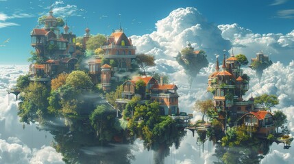 Surreal dreamscape floating islands and whimsical creatures