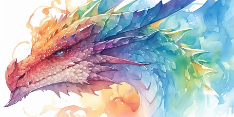 Poster - watercolor dragon head in rainbow colors against a white background. The dragon head is painted in the style of a watercolor 