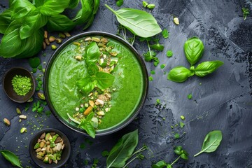 Wall Mural - A bowl filled with a green smoothie topped with nuts and spinach