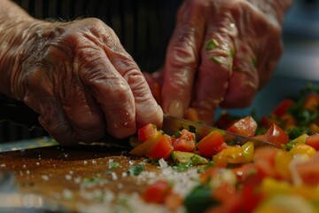 Poster - Close-up shot of a seniors hands skillfully chopping vegetables on a cutting board