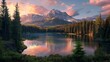 lake in the mountains with forest at pink sunset