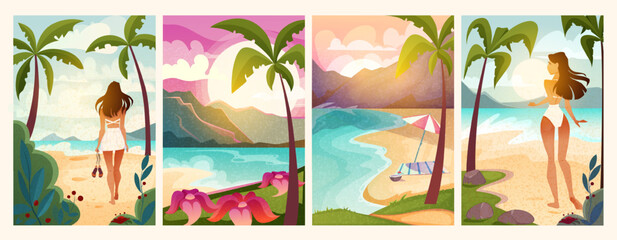 Wall Mural - Set of summer vacation posters. Seaside landscapes with palm tree, sandy beach, sea and resting girl in swimsuit. Tourism and travel. Cartoon flat vector illustrations isolated on white background