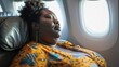 Plus-size woman settling comfortably in her plane seat, a moment of equal travel joy among all passengers