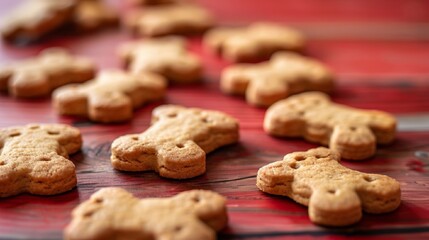 Homemade cookies are a dog treat on a bright background. Natural organic homemade cookies for pets. The concept of healthy organic dog food.  free place for text,