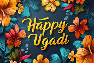 Wall Mural - Greeting card with Happy Ugadi lettering text on tropical floral background. Hindu New Year. Traditional Indian festival. Happy Gudi Padwa or Yugadi. Template for design poster, banner, invitation