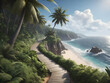 A walkway on the cliffside overlooks the sea waves and a beautiful beach with coconut trees in summer.