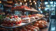 A delectable assortment of freshly baked cakes and pastries displayed elegantly on cake stands at a cozy cafe ambiance.