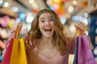 Beautiful young woman shows an ecstatic expression while holding shopping bags in a store