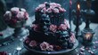 An elaborate gothic-style cake adorned with skulls and roses in a dark, moody setting illuminated by candlelight. 