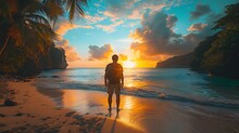 A Lone Traveler Enjoys A Stunning Beach Sunset, Reflecting On The Tranquil Waters Of A Tropical Paradise. 