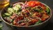 Grilled chicken salad in a rustic bowl, showcasing a healthy meal option with a variety of fresh vegetables and a delightful char on the meat 