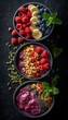 Top view of colorful smoothie bowls garnished with fruits, nuts, and seeds on a dark background, perfect for healthy lifestyle concepts. 