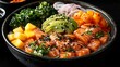 A vibrant poke bowl filled with fresh salmon, avocado, mango, and vegetables on a dark background. 