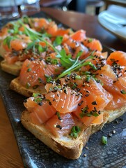 Wall Mural - A delicious platter of smoked salmon toast garnished with herbs and spices, ready for a gourmet meal. 
