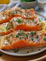 Wall Mural - A fresh serving of salmon on toast garnished with herbs and lemon slices ready to cook
