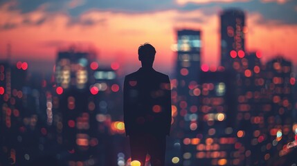 Fototapete - A man stands in the middle of a city at night, looking out over the skyline. The city is lit up with bright lights, creating a sense of energy and excitement. The man is lost in thought
