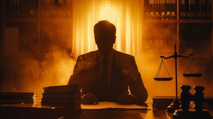 Fototapete - A man in a suit sits at a desk with stacks of books and a scale. The room is dimly lit and there is a lot of smoke in the air. The man is in a serious and focused mood