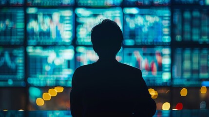 Fototapete - A man is sitting in front of a computer screen with a lot of numbers and graphs. He is looking at the screen with a serious expression on his face. Concept of focus and concentration