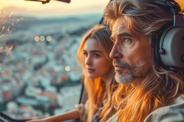 Couple in the cockpit of a helicopter at sunset